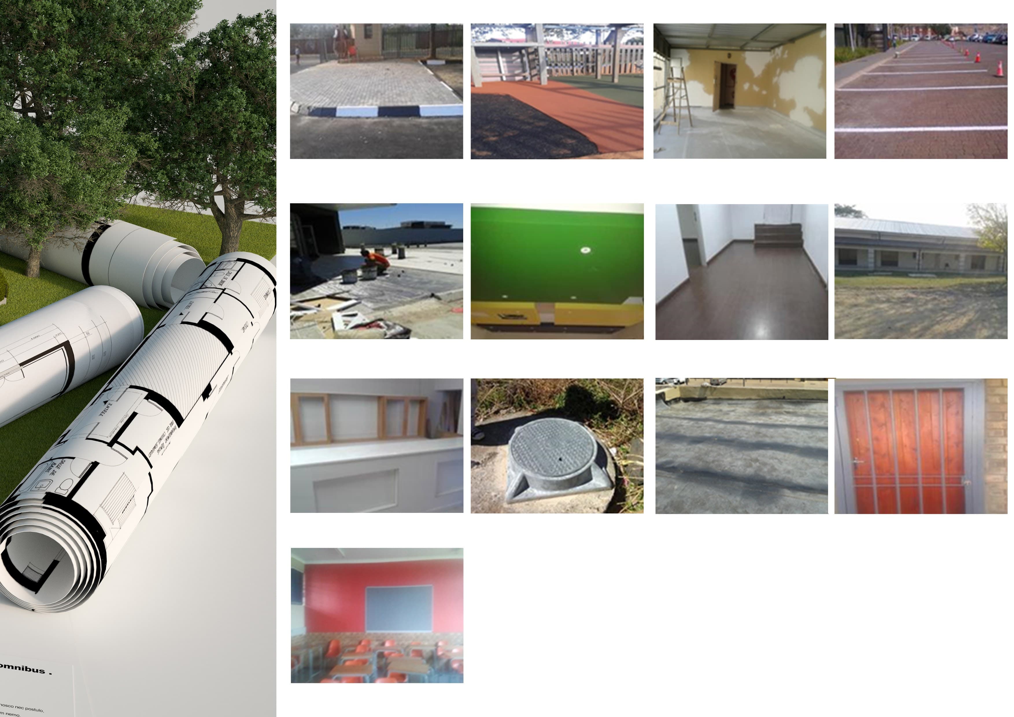 Grid of Emuna construction projects including paving, painting, waterproofing, and carpentry