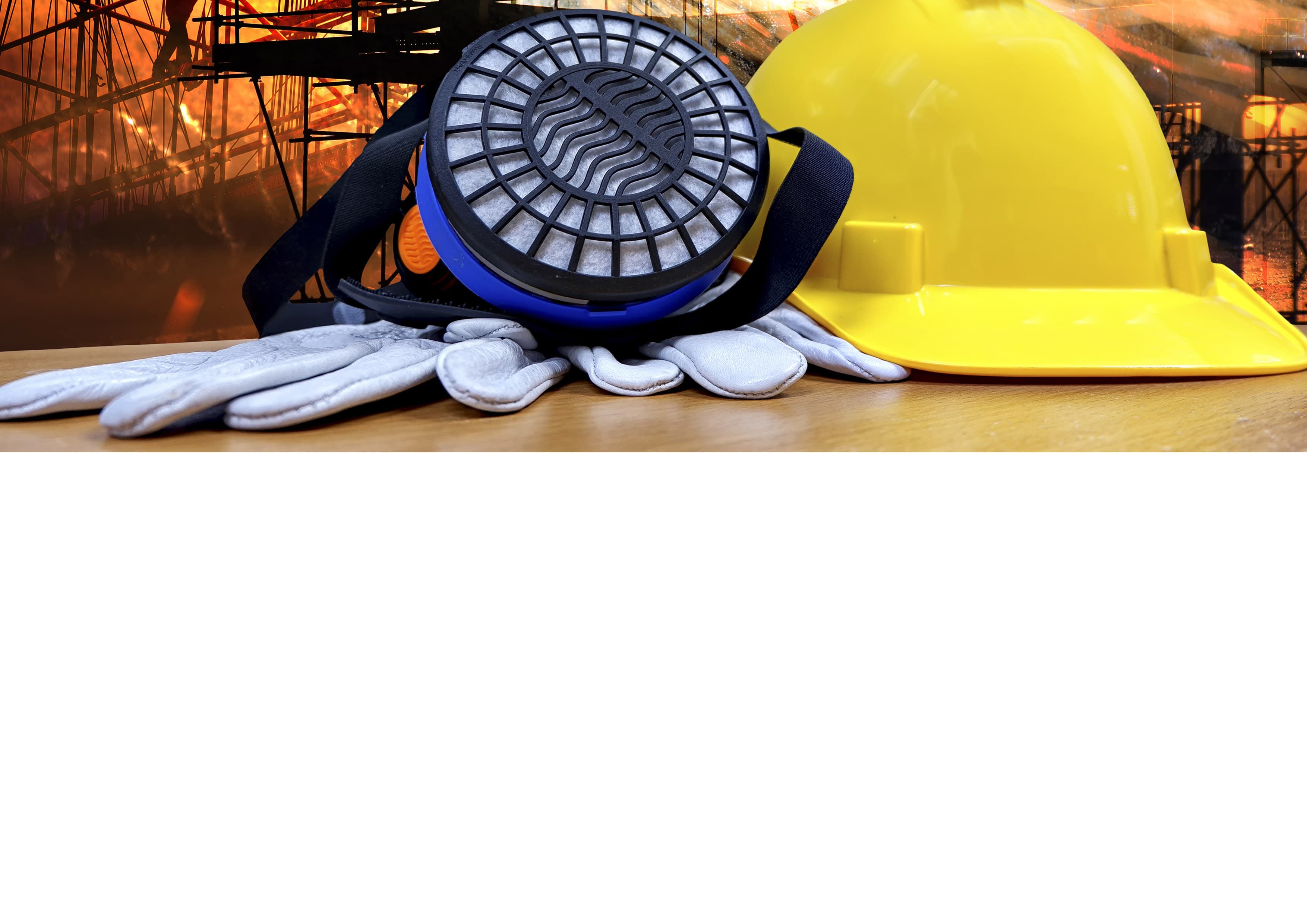 Safety equipment including respirator, gloves, and hard hat